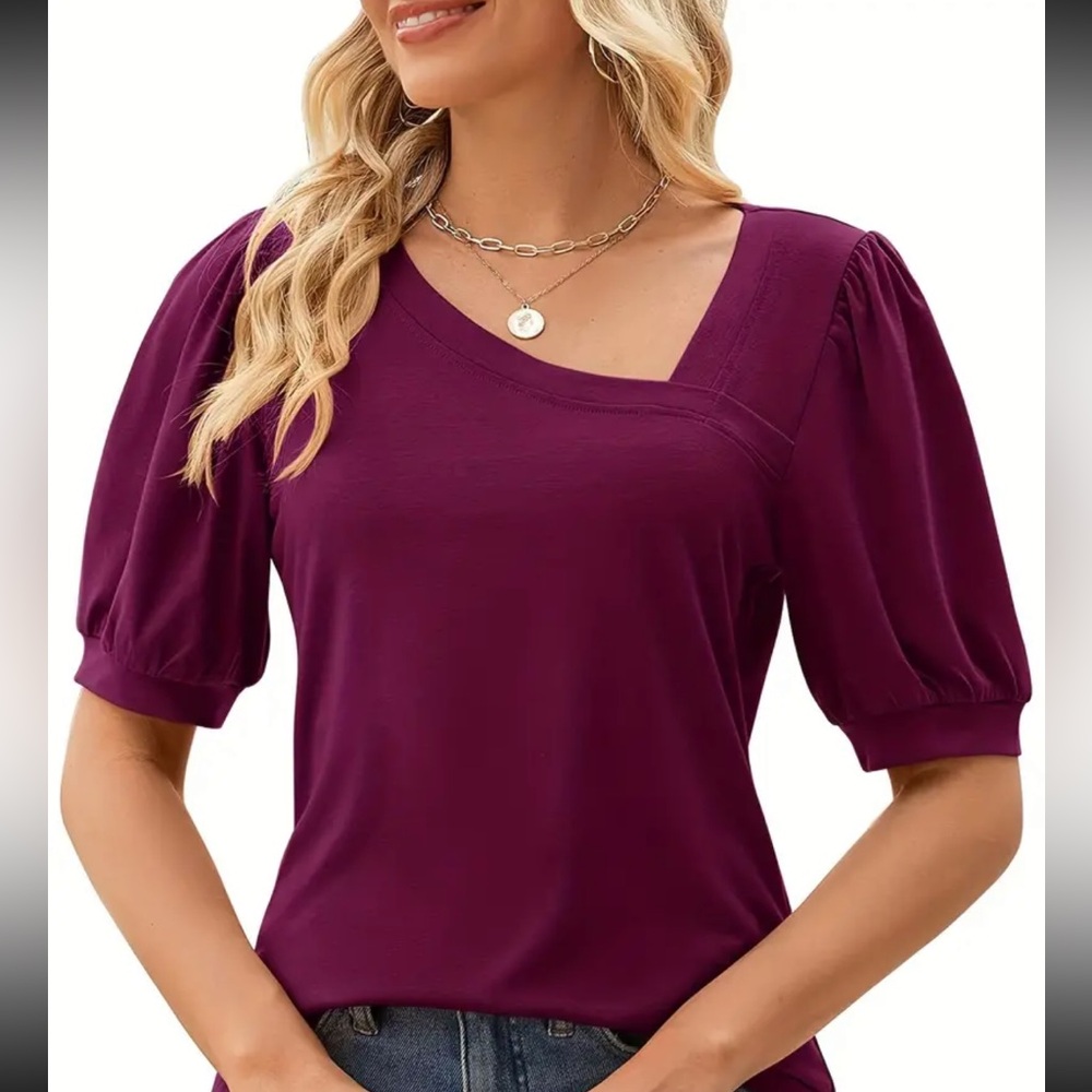 Solid Asymmetrical‎ Neck T-Shirt - Size M